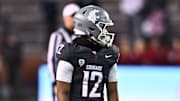 Nov 15, 2025; Pullman, Washington, USA; Washington State Cougars wide receiver Leon Neal Jr. (12) lines up for a play against the Louisiana Tech Bulldogs in the second half at Gesa Field at Martin Stadium. Mandatory Credit: James Snook-Imagn Images