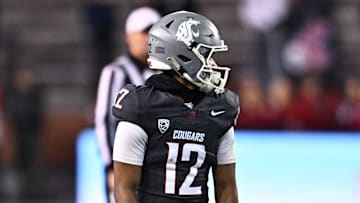 Nov 15, 2025; Pullman, Washington, USA; Washington State Cougars wide receiver Leon Neal Jr. (12) lines up for a play against the Louisiana Tech Bulldogs in the second half at Gesa Field at Martin Stadium. Mandatory Credit: James Snook-Imagn Images