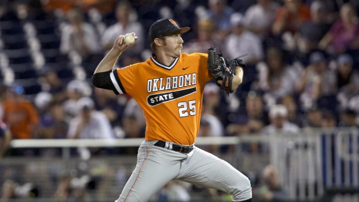 Jun 20, 2016; Omaha, NE, USA; Oklahoma State Cowboys pitcher Trey Cobb (25) throws against the Arizona Wildcats  in the ninth inning in the 2016 College World Series at TD Ameritrade Park. Oklahoma State won 1-0. Mandatory Credit: Bruce Thorson-USA TODAY Sports