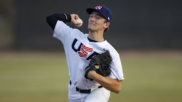 Nov 1, 2022; Mesa, Arizona, USA; Team USA pitcher Cade Townsend during a 17U baseball game at Gene Autry Park. Mandatory Credit: Mark J. Rebilas-USA TODAY Sports