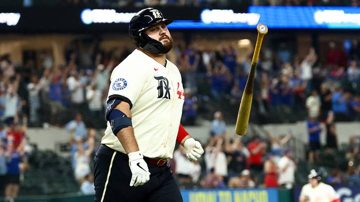 Sep 19, 2025; Arlington, Texas, USA;  Texas Rangers first baseman Rowdy Tellez (44) reacts after hitting a two-run home run during the tenth inning against the Miami Marlins at Globe Life Field. Mandatory Credit: Kevin Jairaj-Imagn Images