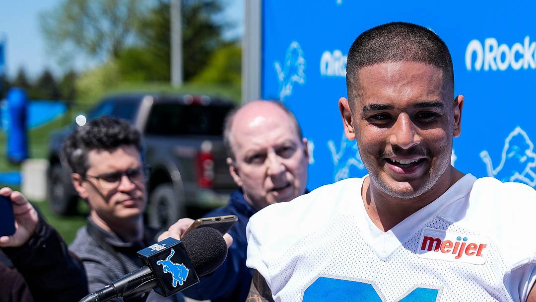 Detroit Lions defensive lineman Ahmed Hassanein (61) speaks after practice during rookie mini camp at Meijer Performance Center in Allen Park on Friday, May 9, 2025.