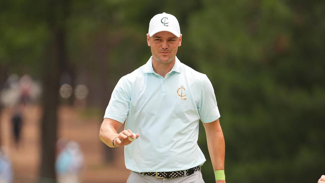 Jun 13, 2024; Pinehurst, North Carolina, USA; Martin Kaymer reacts on the first green during the first round of the U.S. Open golf tournament. Mandatory Credit: John David Mercer-Imagn Images