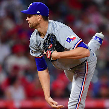 Sep 27, 2024; Anaheim, California, USA; Texas Rangers pitcher Jacob deGrom (48) throws against the Los Angeles Angels during the first inning at Angel Stadium.