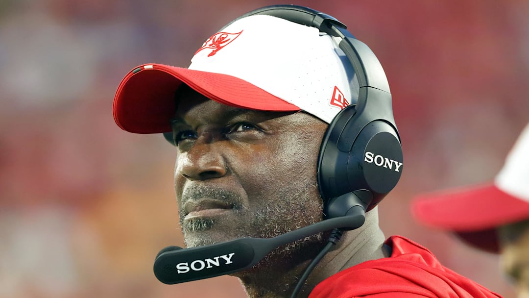 Aug 9, 2025; Tampa, Florida, USA; Tampa Bay Buccaneers head coach Todd Bowles looks on against the Tennessee Titans during the first half at Raymond James Stadium. Mandatory Credit: Kim Klement Neitzel-Imagn Images
