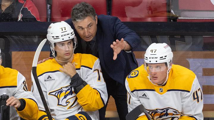 Oct 13, 2025; Ottawa, Ontario, CAN; Nashville Predators head coach Andrew Brunette coaches right wing Luke Evangelista (77) in the third period against the Ottawa Senators at the Canadian Tire Centre. Oct 13, 2025; Ottawa, Ontario, CAN; Nashville Predators head coach Andrew Brunette coaches right wing Luke Evangelista (77) in the third period against the Ottawa Senators at the Canadian Tire Centre.