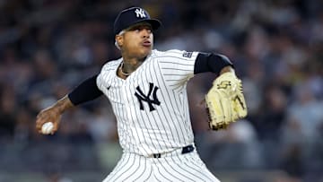 Sep 25, 2024; Bronx, New York, USA; New York Yankees starting pitcher Marcus Stroman (0) pitches against the Baltimore Orioles during the first inning at Yankee Stadium. Mandatory Credit: Brad Penner-Imagn Images
