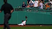 May 8, 2025; Boston, Massachusetts, USA; Boston Red Sox outfielder Ceddanne Rafaela (3) makes the out against the Texas Rangers in the ninth inning at Fenway Park. Mandatory Credit: David Butler II-Imagn Images