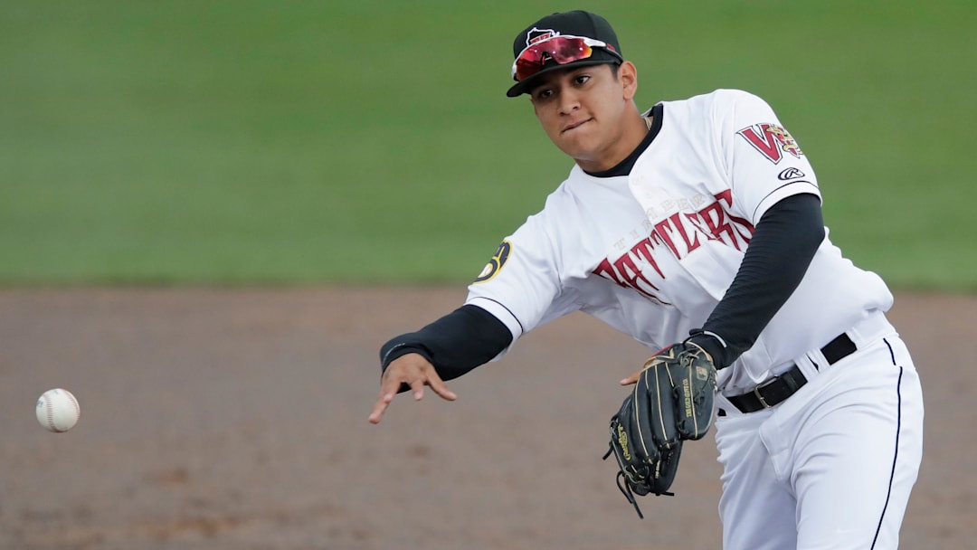Wisconsin Timber Rattlers' Jadher Areinamo (2) throws to first base against the Cedar Rapids Kernels during their baseball game Wednesday, April 17, 2024, at Neuroscience Group Field at Fox Cities Stadium in Grand Chute, Wisconsin.