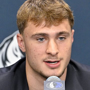 Jun 27, 2025; Dallas, TX, USA; Dallas Mavericks first overall pick Cooper Flagg speaks to the media during a press conference at the Dallas Mavericks Practice Facility. Mandatory Credit: Jerome Miron-Imagn Images