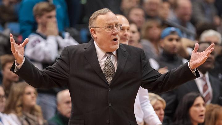 Apr 16, 2014; Minneapolis, MN, USA; Minnesota Timberwolves head coach Rick Adelman talks to the referee in double overtime against the Utah Jazz at Target Center. The Utah Jazz win 136-130 in double overtime. Mandatory Credit: Brad Rempel-Imagn Images