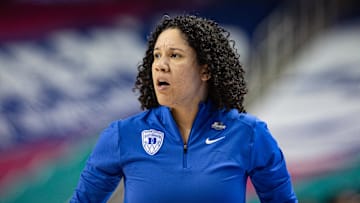 Mar 8, 2024; Greensboro, NC, USA; Duke Blue Devils head coach Kara Lawson watches the action in the first half against the NC State Wolfpack at Greensboro Coliseum. Mandatory Credit: David Yeazell-Imagn Images