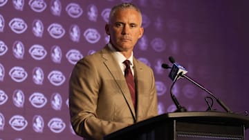 Jul 22, 2024; Charlotte, NC, USA; Florida State head coach Mike Norvell speaks to the media during ACC Kickoff at Hilton Charlotte Uptown. Mandatory Credit: Jim Dedmon-Imagn Images