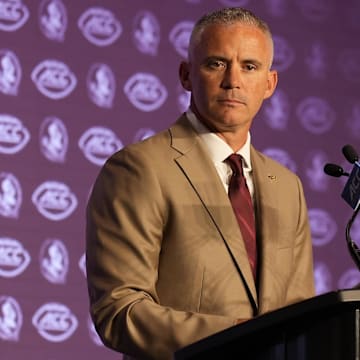 Jul 22, 2024; Charlotte, NC, USA; Florida State head coach Mike Norvell speaks to the media during ACC Kickoff at Hilton Charlotte Uptown. Mandatory Credit: Jim Dedmon-Imagn Images