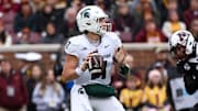 Nov 1, 2025; Minneapolis, Minnesota, USA; Michigan State Spartans quarterback Alessio Milivojevic (11) looks to pass against the Minnesota Golden Gophers during the first half at Huntington Bank Stadium. Mandatory Credit: Matt Krohn-Imagn Images