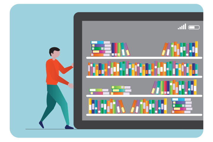 illustration of a person pushing a giant tablet with bookshelves in it