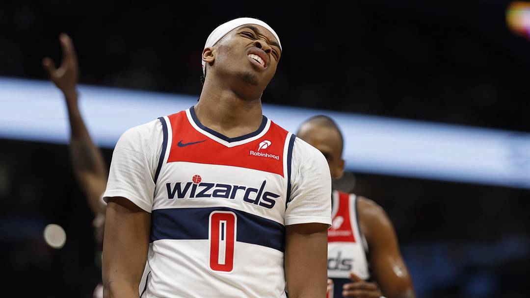 Feb 26, 2025; Washington, District of Columbia, USA; Washington Wizards guard Bilal Coulibaly (0) reacts against the Portland Trail Blazers in the second half at Capital One Arena. Mandatory Credit: Geoff Burke-Imagn Images