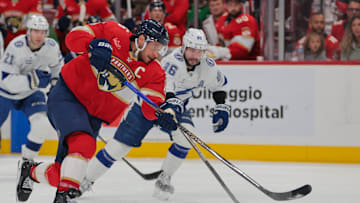 Mar 3, 2025; Sunrise, Florida, USA; Florida Panthers center Aleksander Barkov (16) scores against the Tampa Bay Lightning during the second period at Amerant Bank Arena. Mandatory Credit: Sam Navarro-Imagn Images