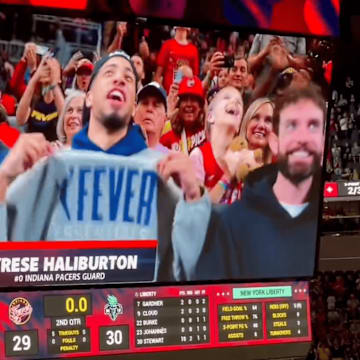 Haliburton pumps up the crowd at the Indiana Fever game