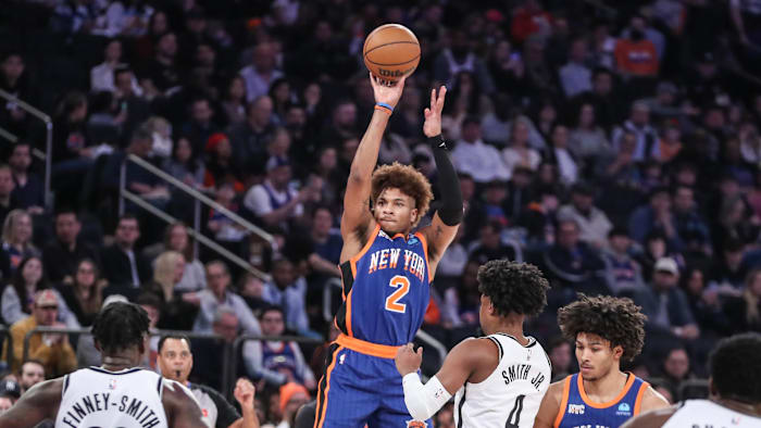 Mar 23, 2024; New York, New York, USA;  New York Knicks guard Miles McBride (2) takes a three point