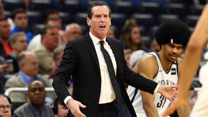 Jan 6, 2020; Orlando, Florida, USA; Brooklyn Nets head coach Kenny Atkinson reacts against the Orlando Magic during the first half at Amway Center.