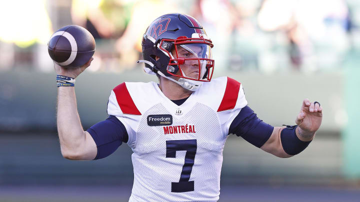 Jun 14, 2024; Edmonton, Alberta, CAN; Montreal Alouettes quarterback Cody Fajardo (7) throws a pass during the first half against the Edmonton Elks at Commonwealth Stadium. Mandatory Credit: Perry Nelson-USA TODAY Sports