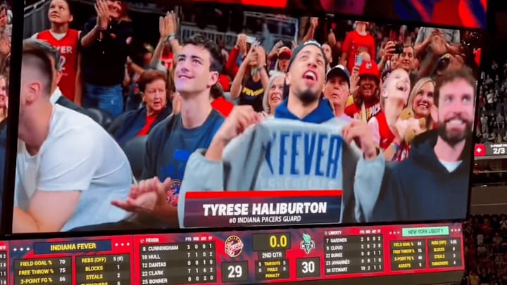 Haliburton pumps up the crowd at the Indiana Fever game