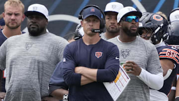 Coach Ben Johnson and the Bears braintrust on the sidelines in the preseason opener.