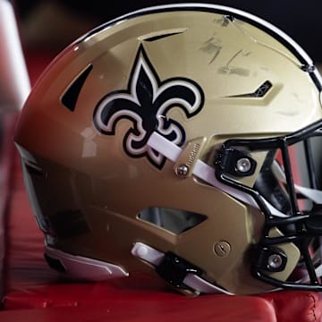 Detailed view of a New Orleans Saints helmet