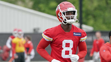 May 26, 2022; Kansas City, MO, USA; Kansas City Chiefs wide receiver Justyn Ross (8) runs drills