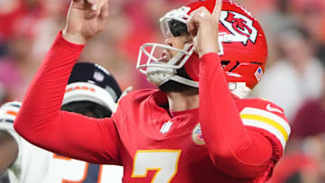 Aug 22, 2025; Kansas City, Missouri, USA; Kansas City Chiefs place kicker Harrison Butker (7) celebrates after kicking a field goal agains the Chicago Bears during the first half of the game at GEHA Field at Arrowhead Stadium. Mandatory Credit: Denny Medley-Imagn Images