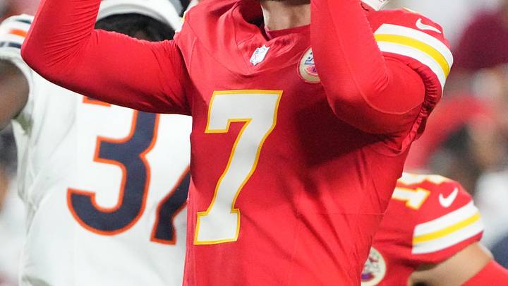 Aug 22, 2025; Kansas City, Missouri, USA; Kansas City Chiefs place kicker Harrison Butker (7) celebrates after kicking a field goal agains the Chicago Bears during the first half of the game at GEHA Field at Arrowhead Stadium. Mandatory Credit: Denny Medley-Imagn Images