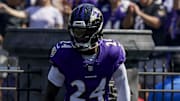 Sep 14, 2025; Baltimore, Maryland, USA; Baltimore Ravens safety Malaki Starks (24) before the game against the Cleveland Browns at M&T Bank Stadium. Mandatory Credit: Mitch Stringer-Imagn Images