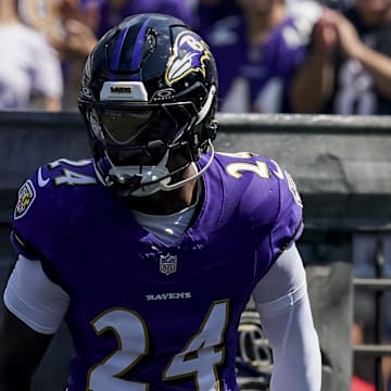 Sep 14, 2025; Baltimore, Maryland, USA; Baltimore Ravens safety Malaki Starks (24) before the game against the Cleveland Browns at M&T Bank Stadium. Mandatory Credit: Mitch Stringer-Imagn Images