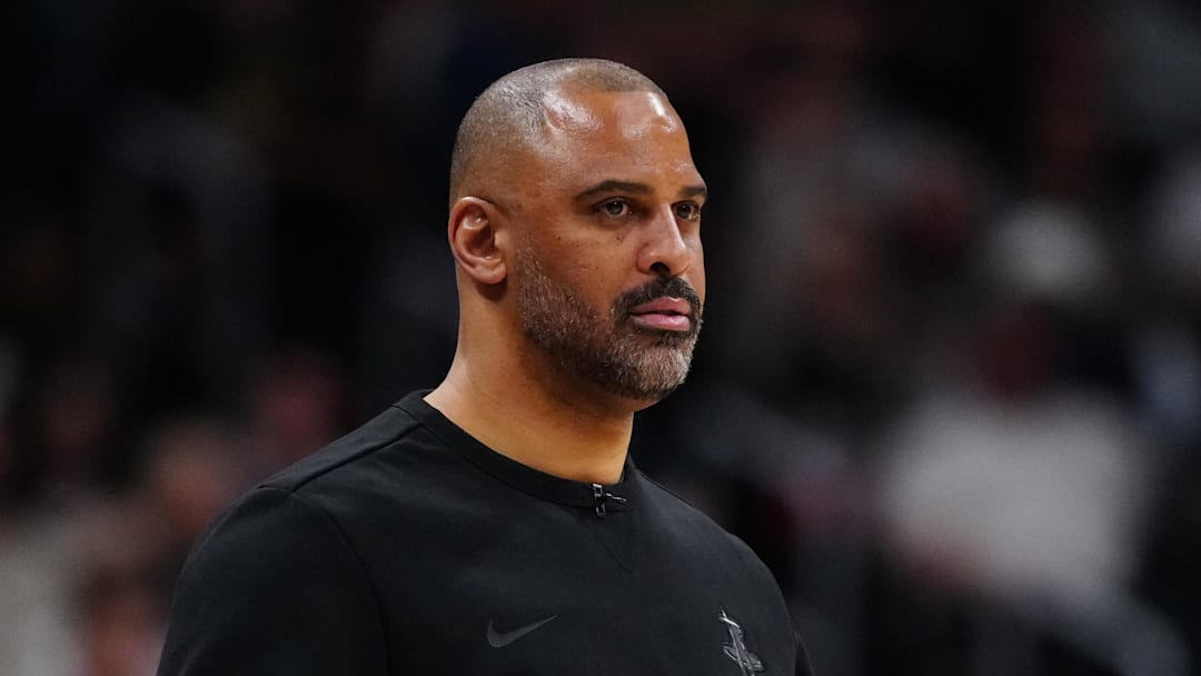 Mar 11, 2026; Denver, Colorado, USA; Houston Rockets head coach Ime Udoka. Reacts in the second half against the Denver Nuggets at Ball Arena. Mandatory Credit: Ron Chenoy-Imagn Images