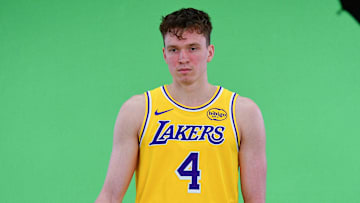 Sep 29, 2025; Los Angeles, CA, USA; Los Angeles Lakers guard Dalton Knecht (4) poses for photos during media day at UCLA Health Training Center. Mandatory Credit: Gary A. Vasquez-Imagn Images