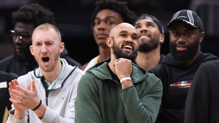 Apr 12, 2026; Boston, Massachusetts, USA; Boston Celtics guard Derrick White (9) reacts during the second half against the Orlando Magic at TD Garden. Mandatory Credit: Paul Rutherford-Imagn Images