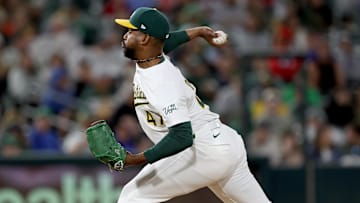 May 24, 2025; West Sacramento, California, USA; Athletics pitcher Michel Otanez (47) throws a pitch against the Philadelphia Phillies during the seventh inning at Sutter Health Park. Mandatory Credit: Dennis Lee-Imagn Images