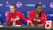 Indiana Fever stars Clark and Boston speak to reporters after a win over the Sky