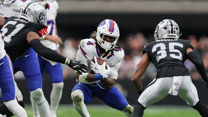 Oct 18, 2026; Paradise, Nevada, USA; Buffalo Bills running back James Cook (4) runs with the ball against the Las Vegas Raiders at Allegiant Stadium. Mandatory Credit: David Brytus-Imagn Images