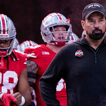 Ohio State Buckeyes head coach Ryan Day prepares to take the field prior to the NCAA football game against the Nebraska Cornhuskers at Ohio Stadium in Columbus on Saturday, Oct. 26, 2024.