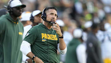 Aug 23, 2025; Green Bay, Wisconsin, USA;  Green Bay Packers Head Coach Matt LaFleur looks onto the field during the second half against the Seattle Seahawks at Lambeau Field. Mandatory Credit: Kayla Wolf-Imagn Images
