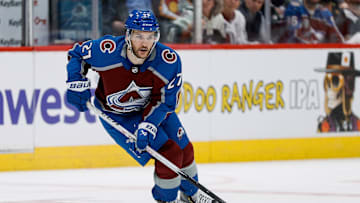 May 13, 2024; Denver, Colorado, USA; Colorado Avalanche left wing Jonathan Drouin (27) controls the puck in the second period against the Dallas Stars in game four of the second round of the 2024 Stanley Cup Playoffs at Ball Arena. Mandatory Credit: Isaiah J. Downing-Imagn Images