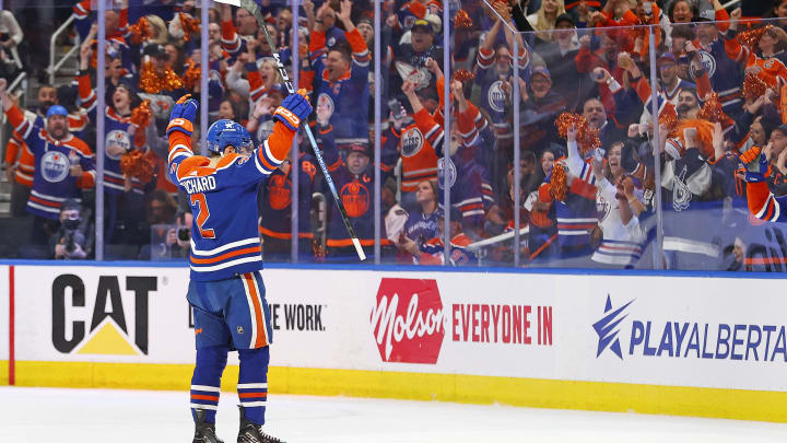 Edmonton Oilers defensemen Evan Bouchard (2) celebrates after scoring a goal against the Vancouver Canucks.