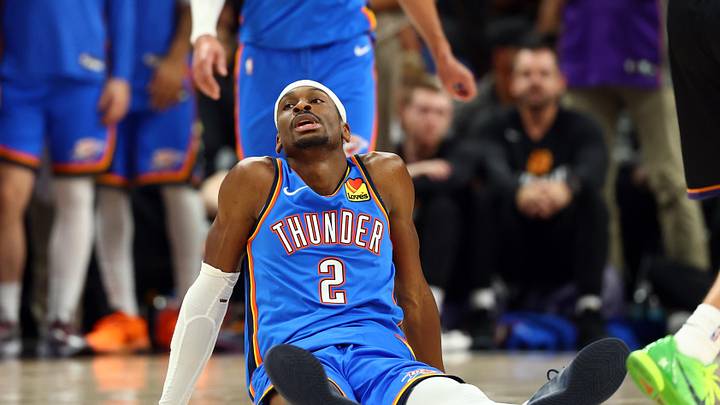 Apr 27, 2026; Phoenix, Arizona, USA; Oklahoma City Thunder guard Shai Gilgeous-Alexander (2) against the Phoenix Suns during game four of the first round of the 2026 NBA Playoffs at Mortgage Matchup Center. Mandatory Credit: Mark J. Rebilas-Imagn Images