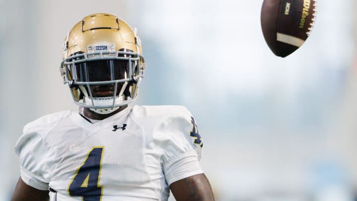 Notre Dame Jeremiyah Love participates in a drill during a Notre Dame football practice at Irish Athletic Center on Thursday, Aug. 15, 2024, in South Bend.