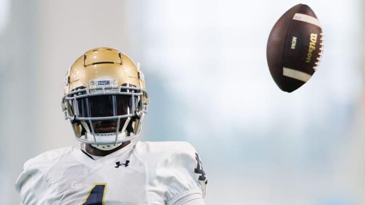 Notre Dame Jeremiyah Love participates in a drill during a Notre Dame football practice at Irish Athletic Center on Thursday, Aug. 15, 2024, in South Bend.