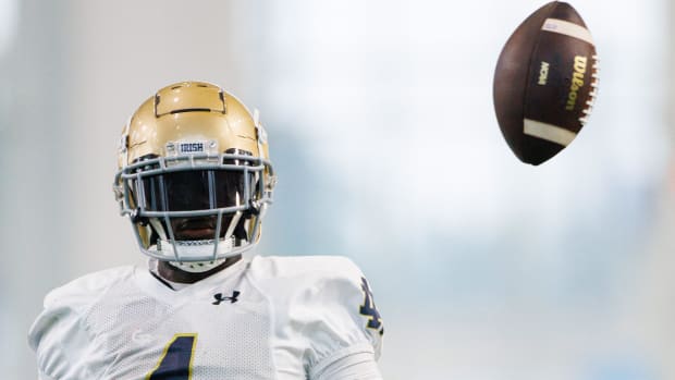 Jeremiyah Love participates in Notre Dame football practice in fall of 2024