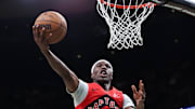 Toronto Raptors guard Ja'Kobe Walter shoots during the second half against the Boston Celtics