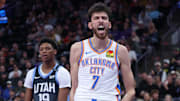 Dec 7, 2025; Salt Lake City, Utah, USA; Oklahoma City Thunder center Chet Holmgren (7) reacts after a dunk against the Utah Jazz during the second quarter at Delta Center. Mandatory Credit: Rob Gray-Imagn Images